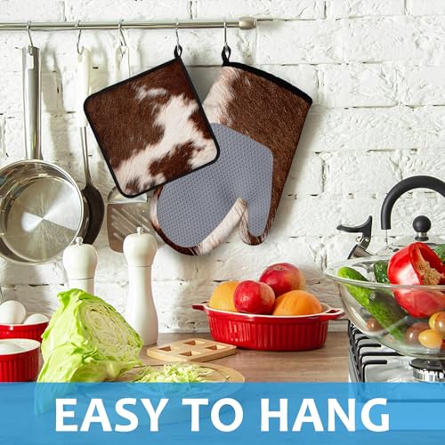 Brown Cow Print Oven Mitts and Pot Holders Sets Heat Resistant 4Pcs Potholders Oven Gloves Hot Pads for Kitchen Baking Cooking Grilling BBQ (Brown Cow Print)