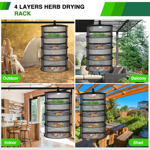 4 Layer Herb Drying Rack Hanging Mesh Net Foldable Plant Drying Racks 18" Diameter with Black Zipper & Hook Dryer Hanging Rack for Herbs Seed Bud Fruit Clothes Grow Tent Closets Garden Outdoor