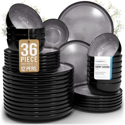 36 Piece Stoneware Dinnerware Set for 12 (Dark / Dark Gray / Set for 12 (36pcs))