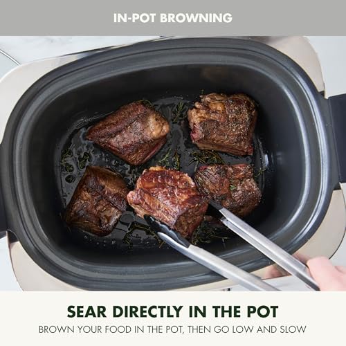 Elite 14-in-1 Nonstick 6QT Electric Slow Cooker, PFAS-Free Ceramic Multi-Cooker, In-Pot Browning, Dishwasher Safe Lid & Removable Crock, Stainless Steel Steamer, Silicone Handles, White (6 Quarts / Cream White)