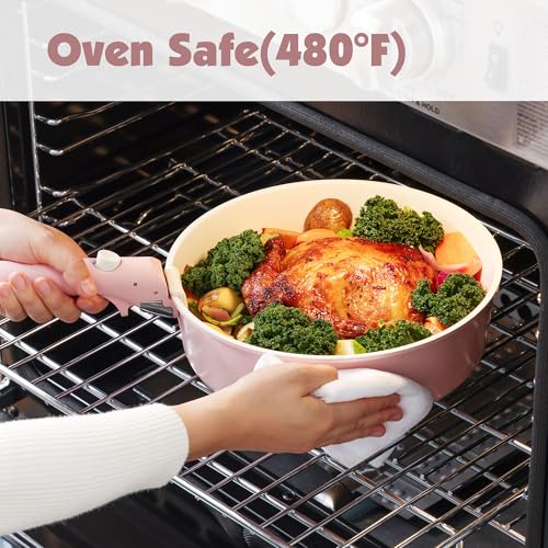 17 Piece Ceramic Detachable Handle Pots and Pans Set Pink (Pink / 17 Piece)