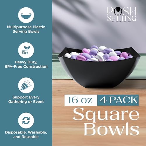 4 Pack Disposable Black Plastic Serving Bowls Square Party Candy Use 16oz (16 OUNCE / Black)