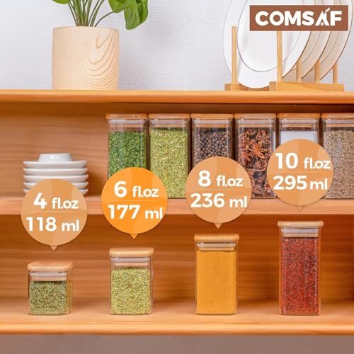 Square Glass Spice Jars with Labels 6 oz 6 Pack with Bamboo Lids (6 Count)