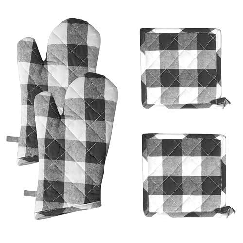 Buffalo Plaid Check Oven Mitts and Pot Holders Set of 4 (Buffalo, Dark Grey)