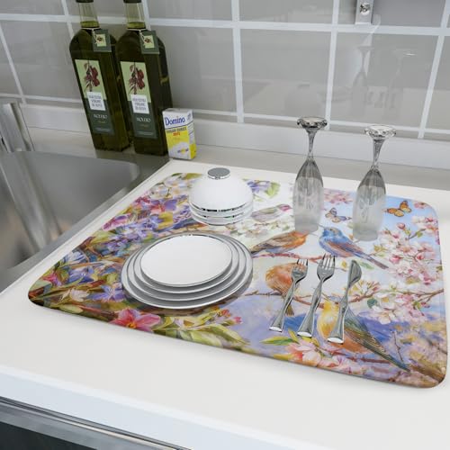Floral Birds Dish Drying Mat Spring Decoration Absorbent Dish Drain Cloth Mat 18 X 24 for Kitchen Coffee Bar (Colorful Art Birds / 24" x 18")