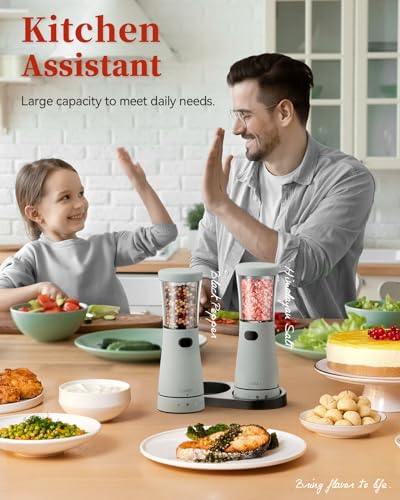 Electric Salt and Pepper Grinder Set with Storage Base (Light Blue)
