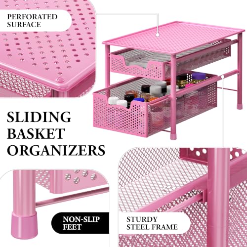 Stackable 2 Tier Sliding Basket Organizer Drawer (2-Tier / Pink)
