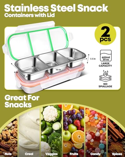 2 Pack Stainless Steel Snack Containers (3 compartment Orange Green)