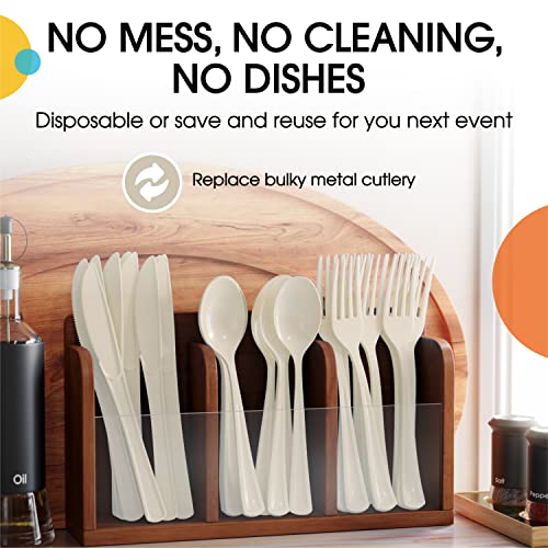 Party Solids Ivory Plastic Spoons 200 Pieces Ivory Spoons Disposable Utensils Heavy Duty Plastic Cutlery Set Disposable Cutlery Sets Flatware Sets Silverware Set Party Supplies & Party Tableware (Ivory / Spoons)