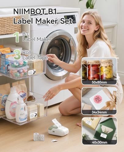B1 Label Maker Machine with 3 Tapes (Green / 1 Printer+3 Roll Labels)
