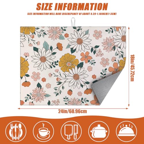 Boho Flower Dish Drying Mat for Kitchen Counter Microfiber Absorbent Dish Kitchen Drying Mat Draining Reusable Washable for Dishes