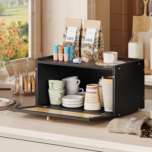 Rattan Bamboo Bread Box for Kitchen Counter Large Capacity Bread Storage Bin Farmhouse Bread Storage Container Rustic Bread Holder (Black)