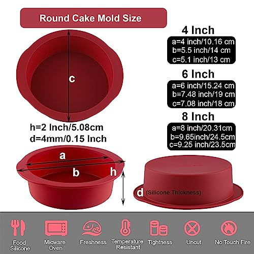 3 Piece Wine Red Silicone Round Cake Pans Set for Baking (4+6+8 Inch)