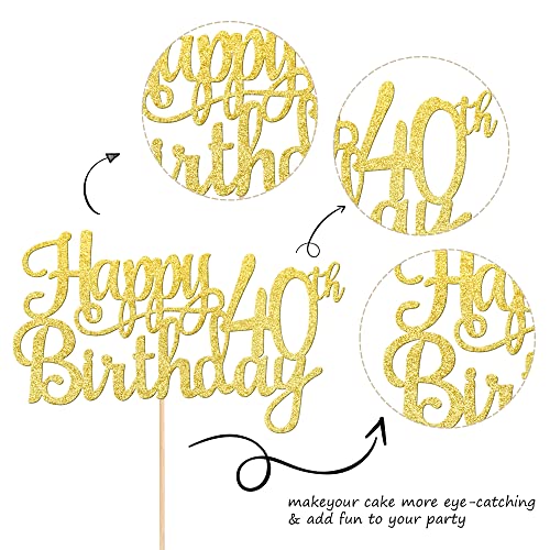 1 PCS Happy 40th Birthday Cake Topper Gold Glitter Cheers to 40 Years Birthday Cake Pick 40 Fabulous Cake Decoration for Happy 40th Birthday Anniversary Party Decorations Supplies (Gold / 40th)