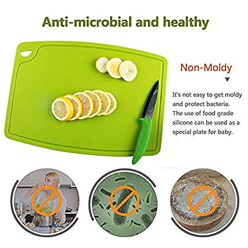 Silicone Thick Cutting Boards Mats Set of 3 Foldable & Flexible Design Juice Grooves Easy Grip Handle Dishwasher Safe for Kitchen (9.1"L x 7.1"W, 12.6"L x 9.1"W & 14.6"L x 10.4"W / Green)