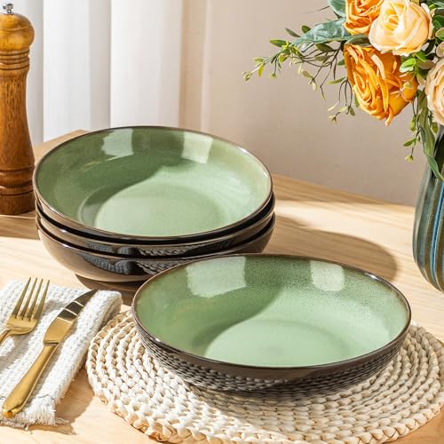 9.0" Ceramic Pasta Bowls Set of 4 (Set of 4 / Light Green)