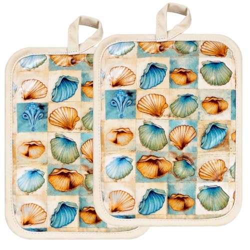 Pot Holders Set of 2 Heat Resistant 480 ℉Non Slip Clear Silicone Printed Comfortable Cotton Lining Kitchen Women Men Cooking Baking Microwave Machine Washable (Shell, Beige Potholders)