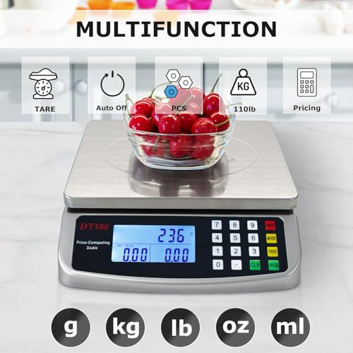 110lb 50kg Food Scale Digital Kitchen Scale with Tray Large LCD Display 304 Stainless Steel Commercial Price Computing Scale Counting Scale for Baking Cooking Meat Industry Counting Adapter Included (Silver 50kg with Tray)