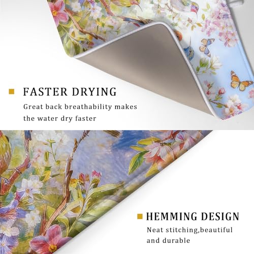 Floral Birds Dish Drying Mat Spring Decoration Absorbent Dish Drain Cloth Mat 18 X 24 for Kitchen Coffee Bar (Colorful Art Birds / 24" x 18")