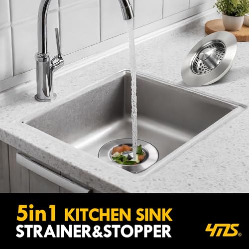 5-in-1 Stainless Steel Sink Aid, Kitchen Sink Drain Strainer Food Catcher, Popup Kitchen Sink Stopper & Odor Filter, Kitchen Sink Strainer Accessories with Drain Basket (Classic Brushed) (Classic Brushed)