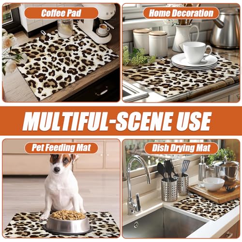 Brown Leopard Dish Drying Mat for Kitchen Counter Microfiber Absorbent Dish Kitchen Drying Mat Draining Reusable Washable for Dishes