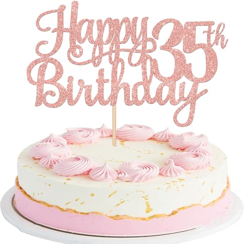 1 PCS Happy 35th Birthday Cake Topper Glitter Cheers to 35 Years Birthday Cake Pick 35 Fabulous Cake Decoration for Happy 35th Birthday Theme Party Decorations Supplies Rose Gold (Rose Gold / 35th)