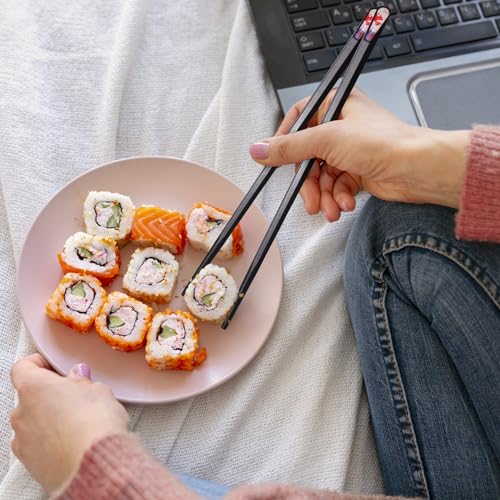 5 Pairs Premium Chopsticks Reusable Dishwasher Safe 9.5 Inch Fiberglass Chop Sticks Gift Set Hexagon Black Non Slip with the Printed Tops (Black with Printed Tops)