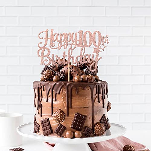 1 PCS Happy 100th Birthday Cake Topper Glitter Cheers to 100 Years Cake Pick Number 100 Fabulous Cake Decoration for 100th Birthday Theme Party Decorations Supplies Rose Gold (Rose Gold / 100th)