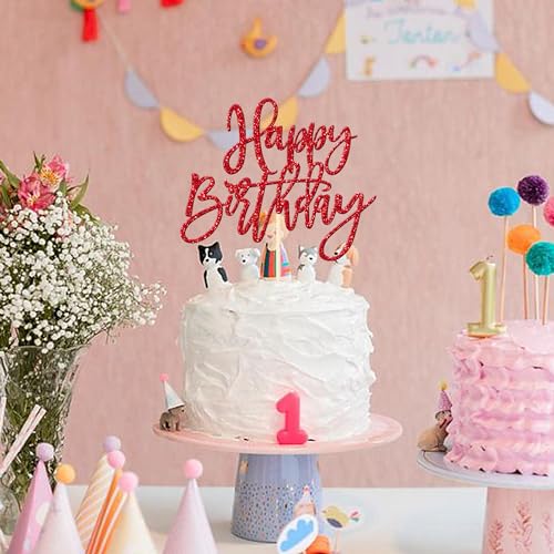1 PCS Red Glitter Happy Birthday Cake Topper for Celebrating Birthday