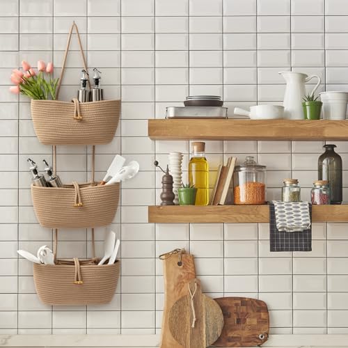 3 Tier Cotton Rope Baskets with Button Strap Over the Door Wall Hanging Baskets for Nursery (Jute / 3 tier+Button)