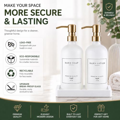 Thick Glass Soap Dispenser (White Bottle/Gold Pump + Tray + Funnel)