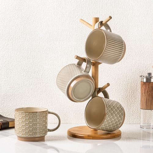 12 OZ Stackable Coffee Mugs Set of 4 (Pale Khaki / 12oz (With Stand))