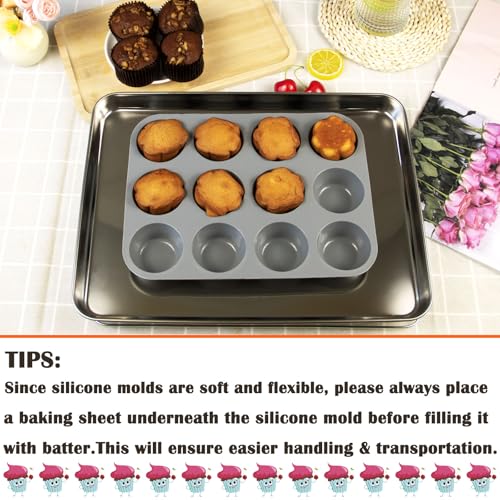 12 Cups Silicone Mini Muffin Pan Set (Set of 2--12 Cups (Grey+Grey))