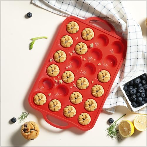 2 Packs 24 Cups Silicone Muffin Pan for Baking with Metal Reinforced Frame Mini Size Cupcake Pan Tray Chocolate Egg Pizza Bites Oven Cookie Mold Muffin Tin Tart Pans Sheet Set Small (2pc: 24-Cup Mini / Red)
