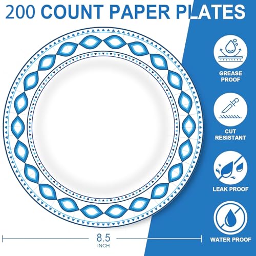 200 Pack 8.5 Inch Disposable Heavy Duty Blue Printed Paper Plate (Blue / 8.5 in)