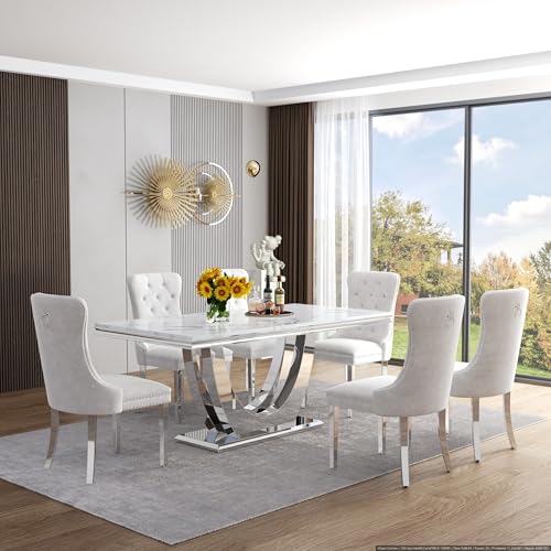 Marble Dining Table Set for 6 (Silver-white & White Chairs / 7-Piece (Table + 6 Chairs))