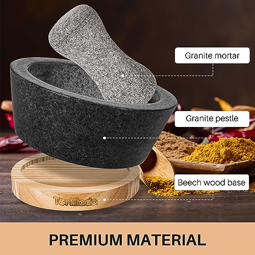 6 inch Mortar and Pestle Set Large Made of Natural Granite with Anti