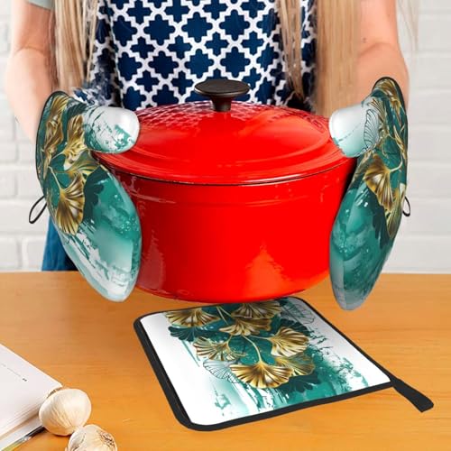 Teal Gold Green Leaves Oven Mitts and Pot Holders Set of 3 (Green Leaves)
