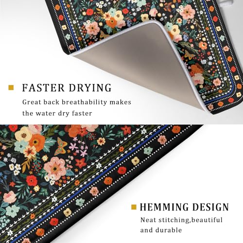 Floral Microfiber Dish Drying Mat Large Absorbent Dish Drainer Rack Pad for Kitchen Counter (Boho Floral Black / 24" x 18")