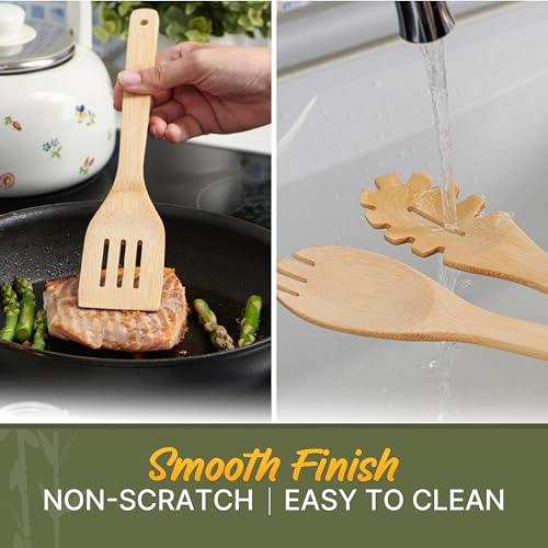 Bamboo Cooking Utensils Set 7 Pcs with Holder (7 Pieces Extended)