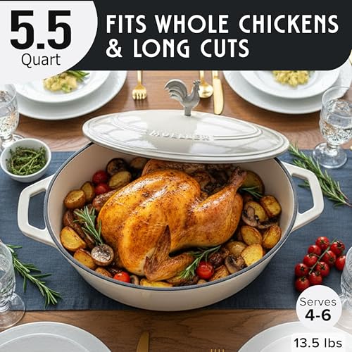 MUELLER HOME 5.5 Quart Enameled Cast Iron Oval Dutch Oven with Rooster Knob & Cotton Potholders (5.5 Quart -Oval / White)