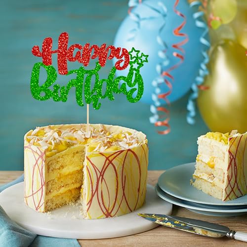 1Pcs Happy Birthday Cake Topper Glitter Happy Birthday Cake Pick for Christmas Theme Baby Shower Anniversary Party Decorations Supplies Red Green (Style 2 / Red Green)