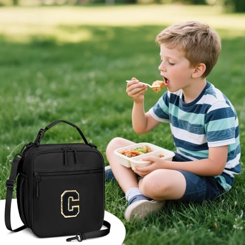 Lunch Box Kids Large Initial Insulated Lunch Bag for Girls (Black / C)