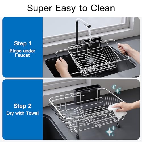 Sink Small Dish Drying Rack with Utensil Holder (Silver / For 10"-12"w Sink)
