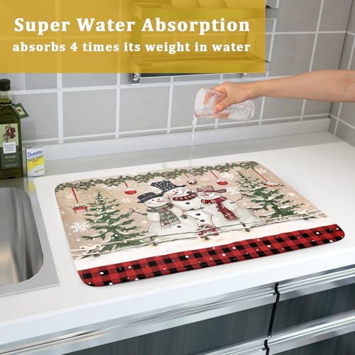 Winter Snowman Dish Drying Mat 18x24 Inch Red Buffalo Plaid Holiday Dish Drainer Mat Absorbent Dish Rack Pad for Kitchen Counter Sink Decor (Winter Snowman Bell / 24" x 18")