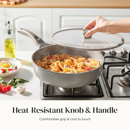 Deep Ceramic Frying Pan with Lid (Gray / 10inch Saute Pan With Lid)