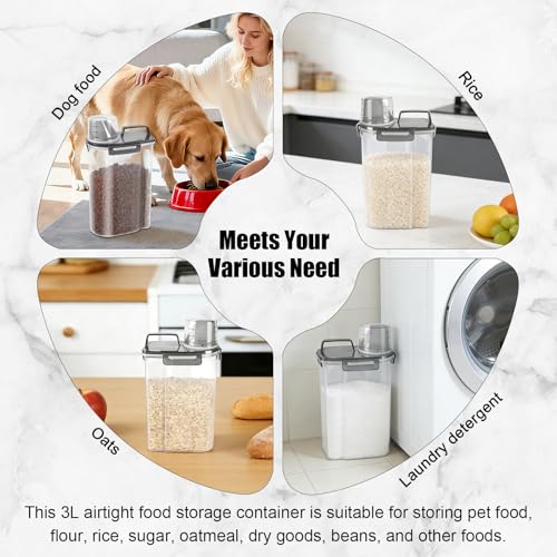 3-5Lbs/3Qt Dog Cat Food Storage Container With Foldable Bowl. Plastic Pet Food Dispenser for Small Animal Kibble/Pet Food/Bird Seed/Oatmeal/Rice/Flour/Brown Sugart/Cereals (Clear Black) (Clear Black / 3L-1pack)