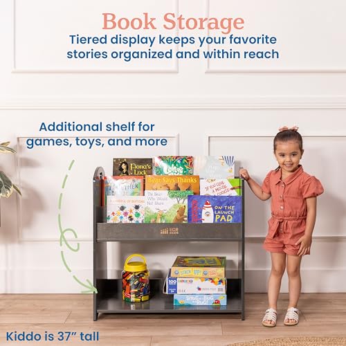 3 Shelf Floor Book Display with Handles and Storage (Grey Wash)