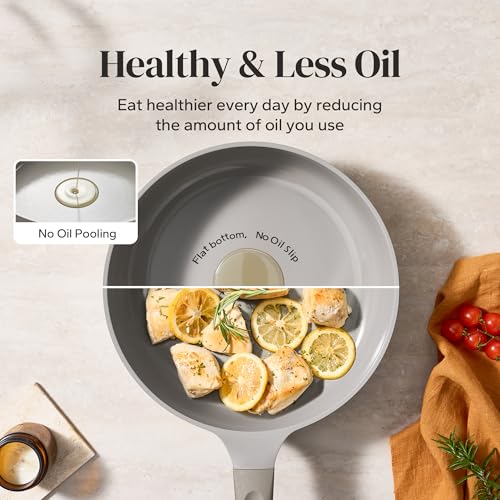 Ceramic Coated Nonstick Frying Pan with Cover (Gray / 12inch Saute Pan With Lid)
