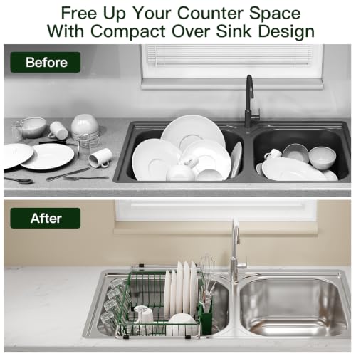 Green Expandable Dish Drying Rack Over Sink with Extra Drainboard (Green / For 11.5"-16" W Sink with Cup Holder & Drainboard)